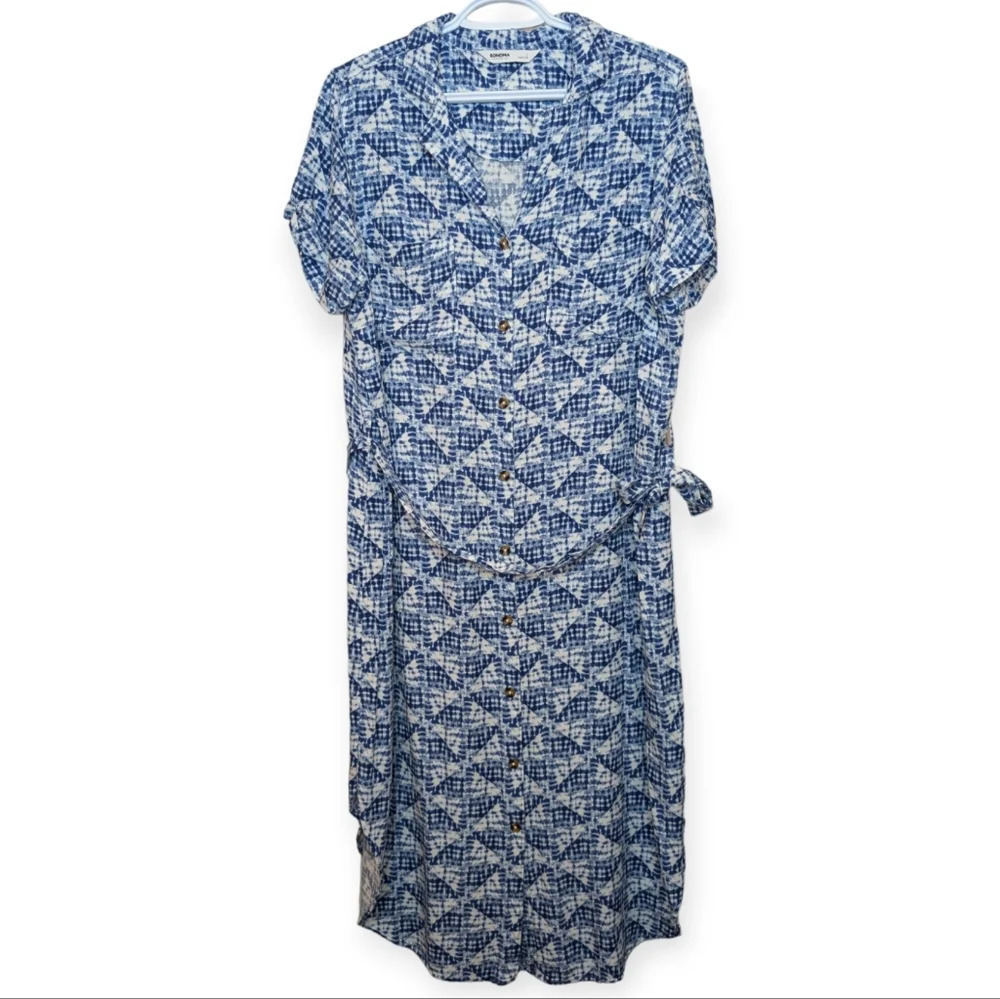 Sonoma Blue & White Button Front Tie Waist Short Sleeve Dress Women Large